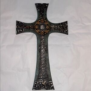 Decorative Metal Wall Cross with Gold Accents